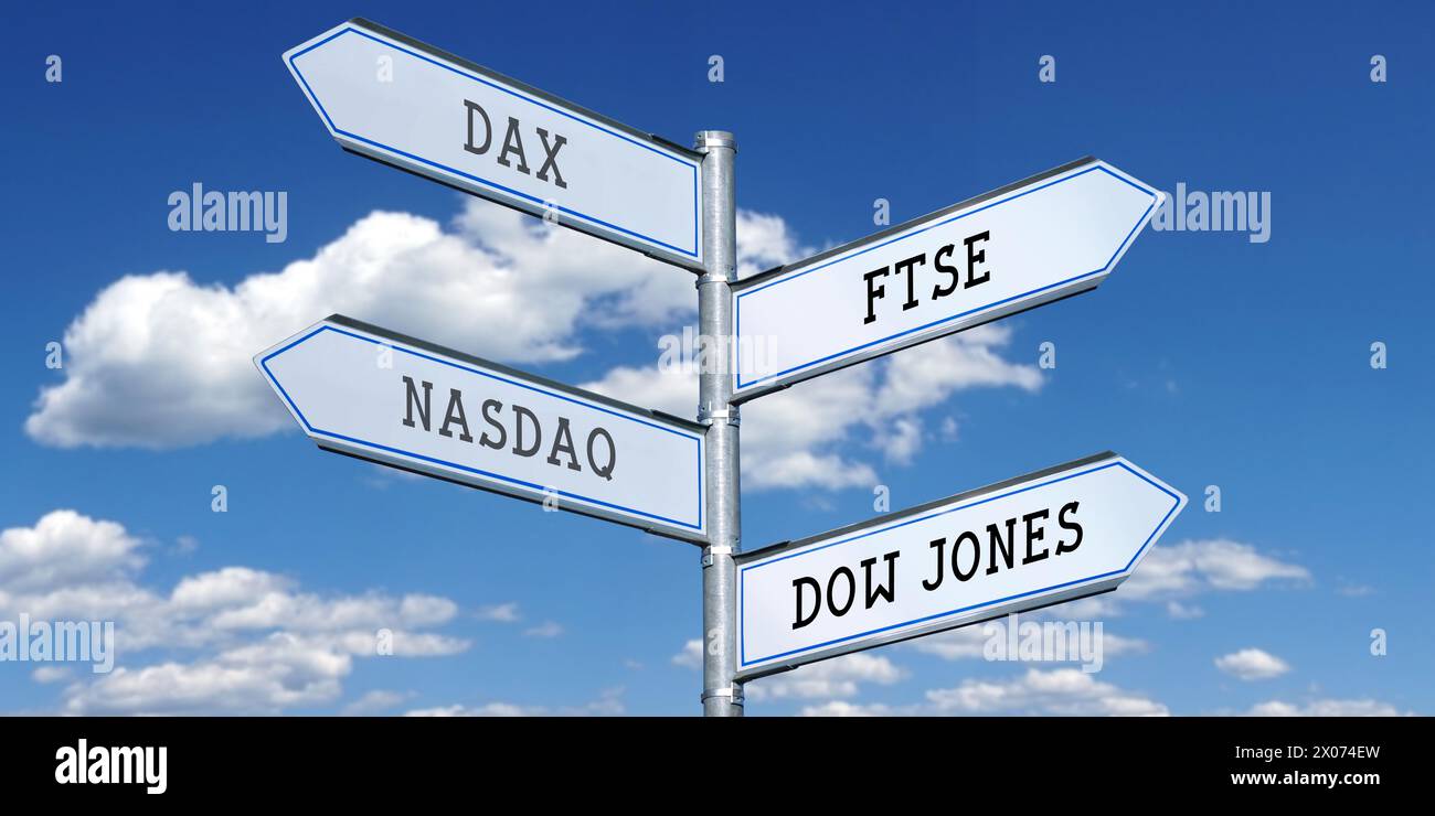 DAX, FTSE, NASDAQ, DOW JONES - metal signpost with four arrows Stock Photo