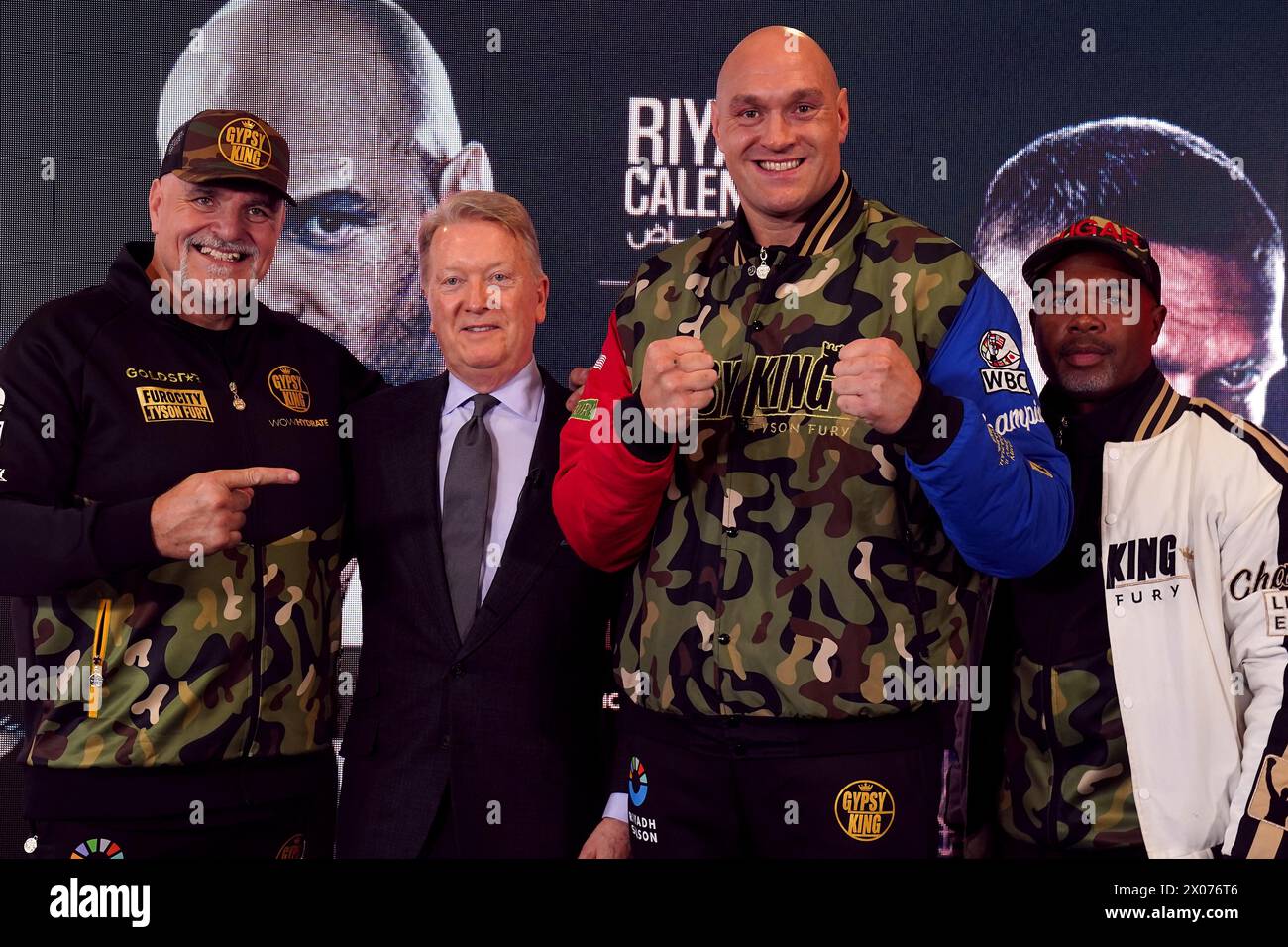 John Fury, promoter Frank Warren, Tyson Fury and trainer SugarHill Steward (left-right) during a press conference at the The Mazuma Mobile Stadium, Morecambe. Tyson Fury faces Oleksandr Usyk in the 'Ring of Fire' undisputed world heavyweight title fight in Riyadh, Saudi Arabia on 18 May 2024. Picture date: Wednesday April 10, 2024. Stock Photo