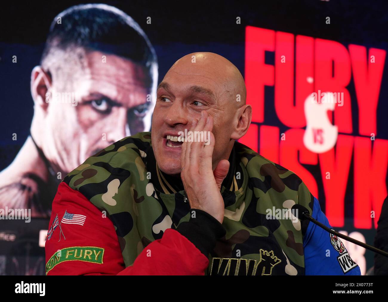 Tyson Fury during a press conference at the The Mazuma Mobile Stadium, Morecambe. Tyson Fury faces Oleksandr Usyk in the 'Ring of Fire' undisputed world heavyweight title fight in Riyadh, Saudi Arabia on 18 May 2024. Picture date: Wednesday April 10, 2024. Stock Photo