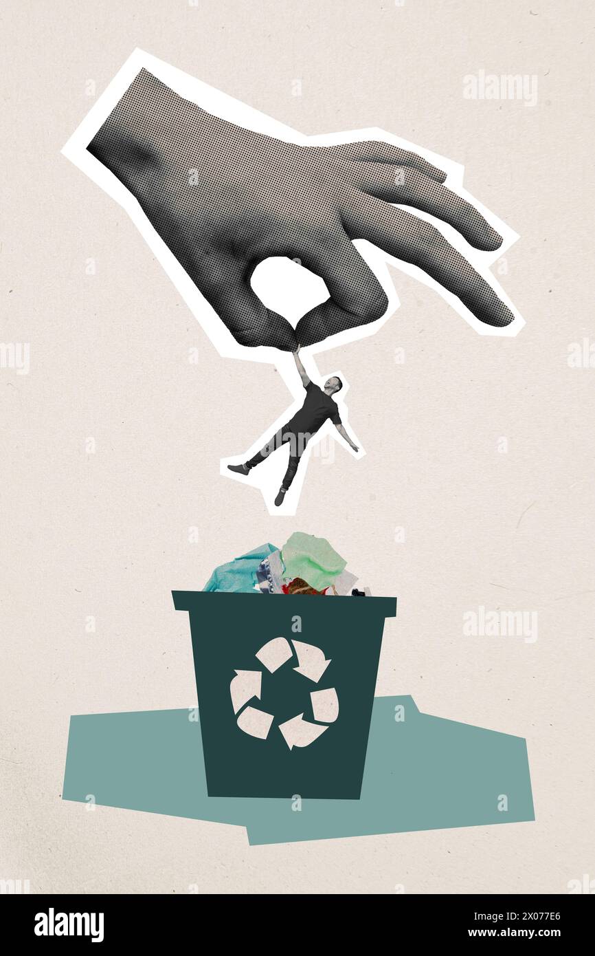 Abstract vertical collage hand throws man in garbage environmental ...