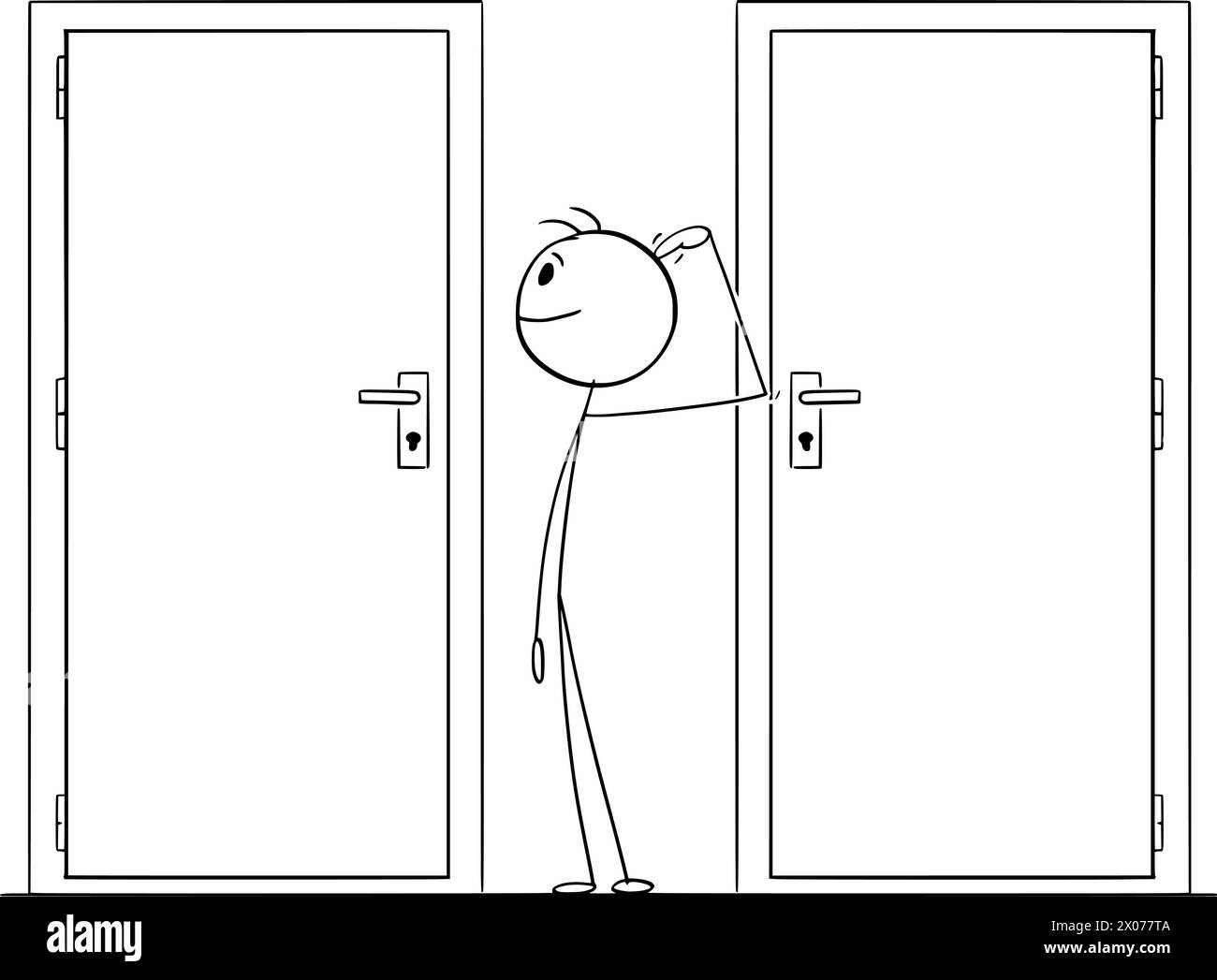 Person Choosing Right Door, Vector Cartoon Stick Figure Illustration