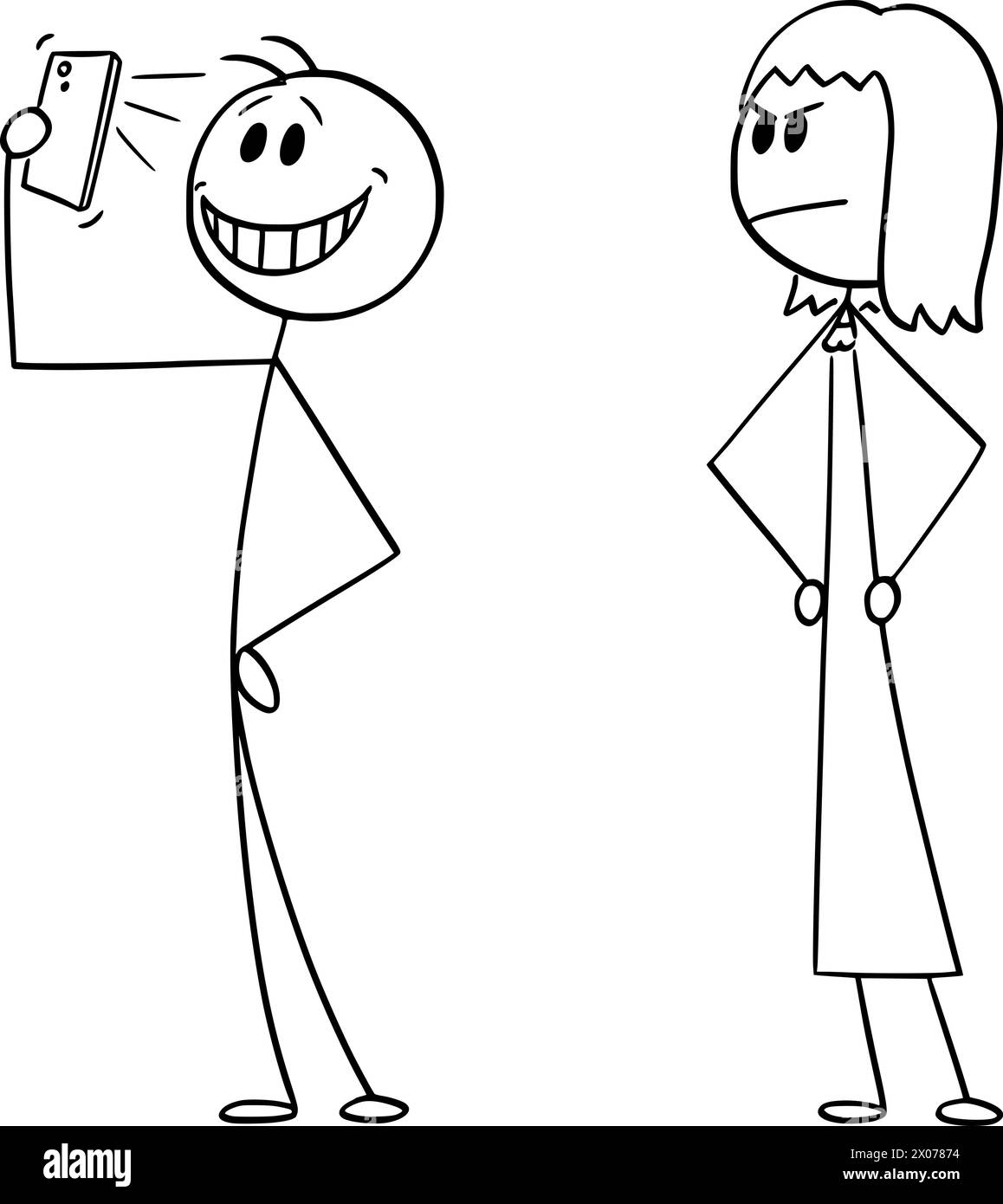 Man Taking Selfie, Woman is Looking, Vector Cartoon Stick Figure ...