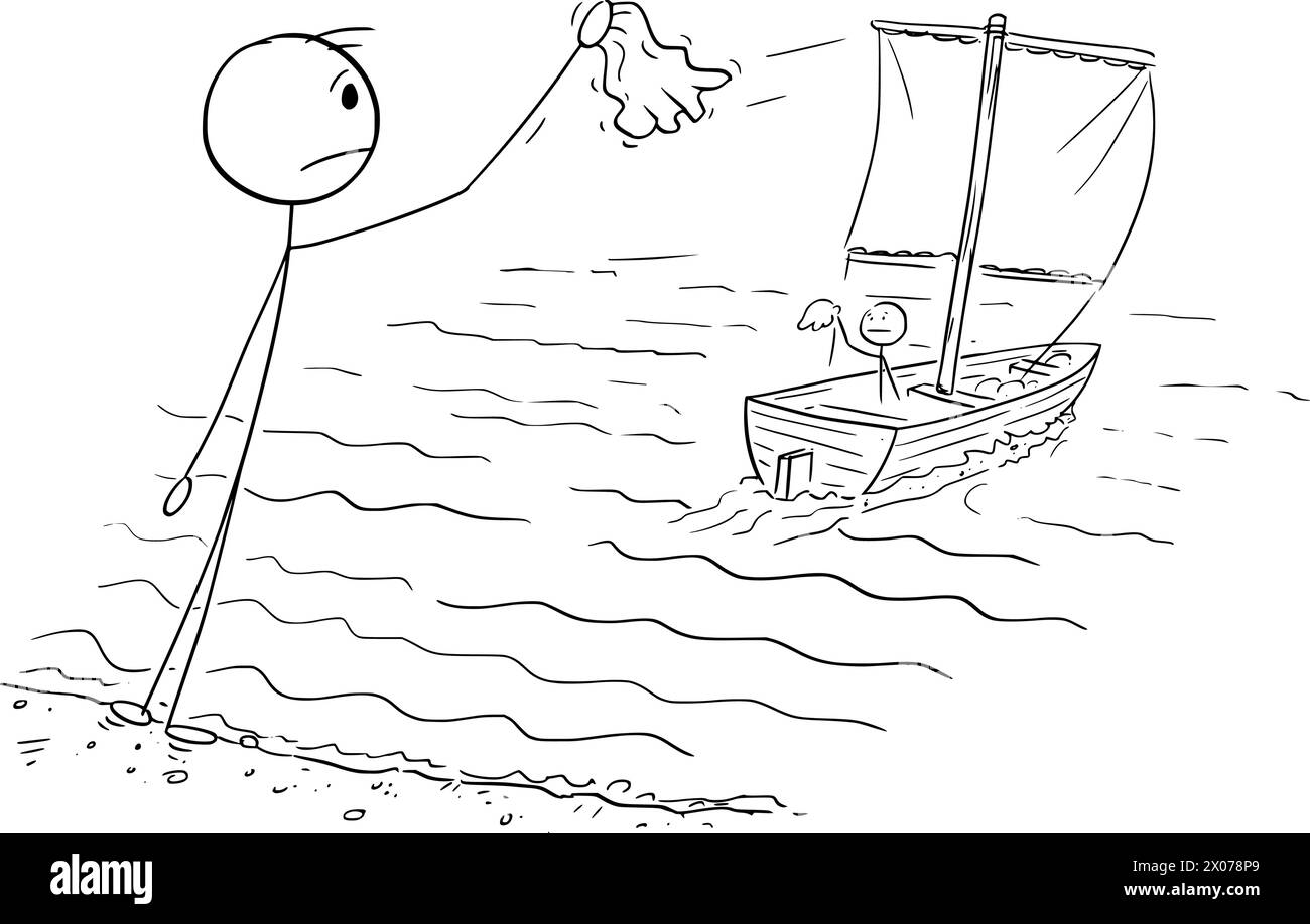 Boat Sails Away, Goodbye, Vector Cartoon Stick Figure Illustration 