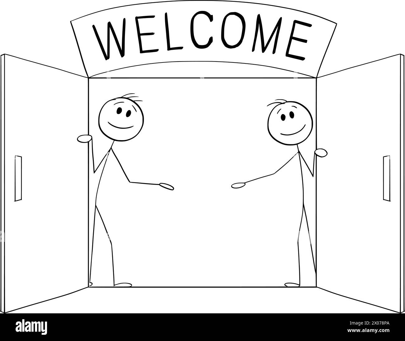 Welcoming and go inside or enter door with welcome sign, vector cartoon stick figure or character illustration. Stock Vector