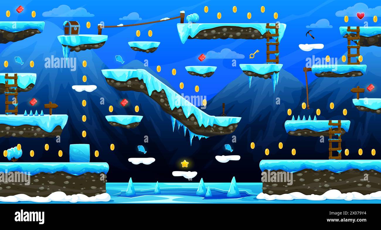 Arcade north frozen world game level map interface. Glaciers, ice