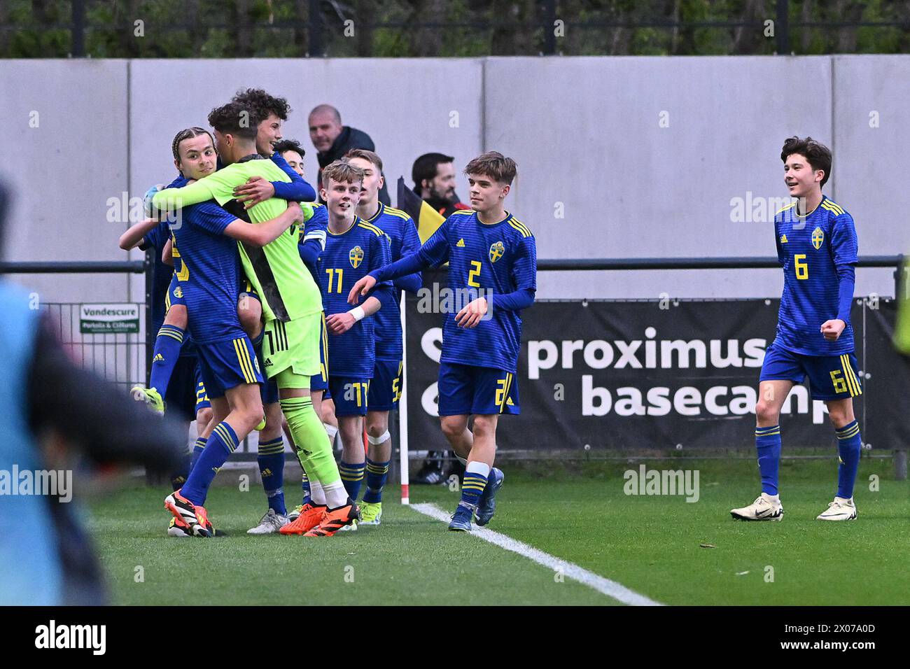 Vincent Seger Ibrahimovic (8) of Sweden celebrates his goal pictured during a friendly soccer game between the national under 16 Futures teams of Belgium and Sweden on  Wednesday 9 April 2024  in Tubize , Belgium . PHOTO SPORTPIX | Dirk Vuylsteke Stock Photo
