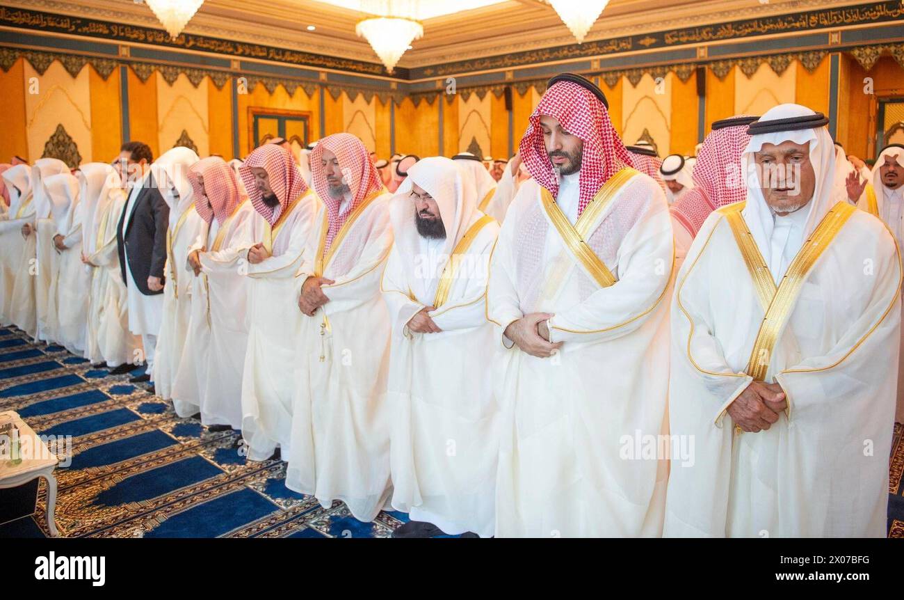 Saudi Crown Prince Mohammed bin Salman bin Abdulaziz Al Saud performs the blessed Eid al-Fitr prayer Saudi Crown Prince Mohammed bin Salman bin Abdulaziz Al Saud performs the blessed Eid al-Fitr prayer with the crowds of worshipers in the Grand Mosque, and receives princes, scholars, sheikhs and senior officials who offered congratulations on the occasion of the blessed Eid al-Fitr, Saudi Arabia, on April 10, 2024. Photo by Saudi Press Agency Saudi Arabia 100424 Saudi Arabia SPA 0013 Copyright: xapaimagesxSaudixPressxAgencyxxapaimagesx Stock Photo