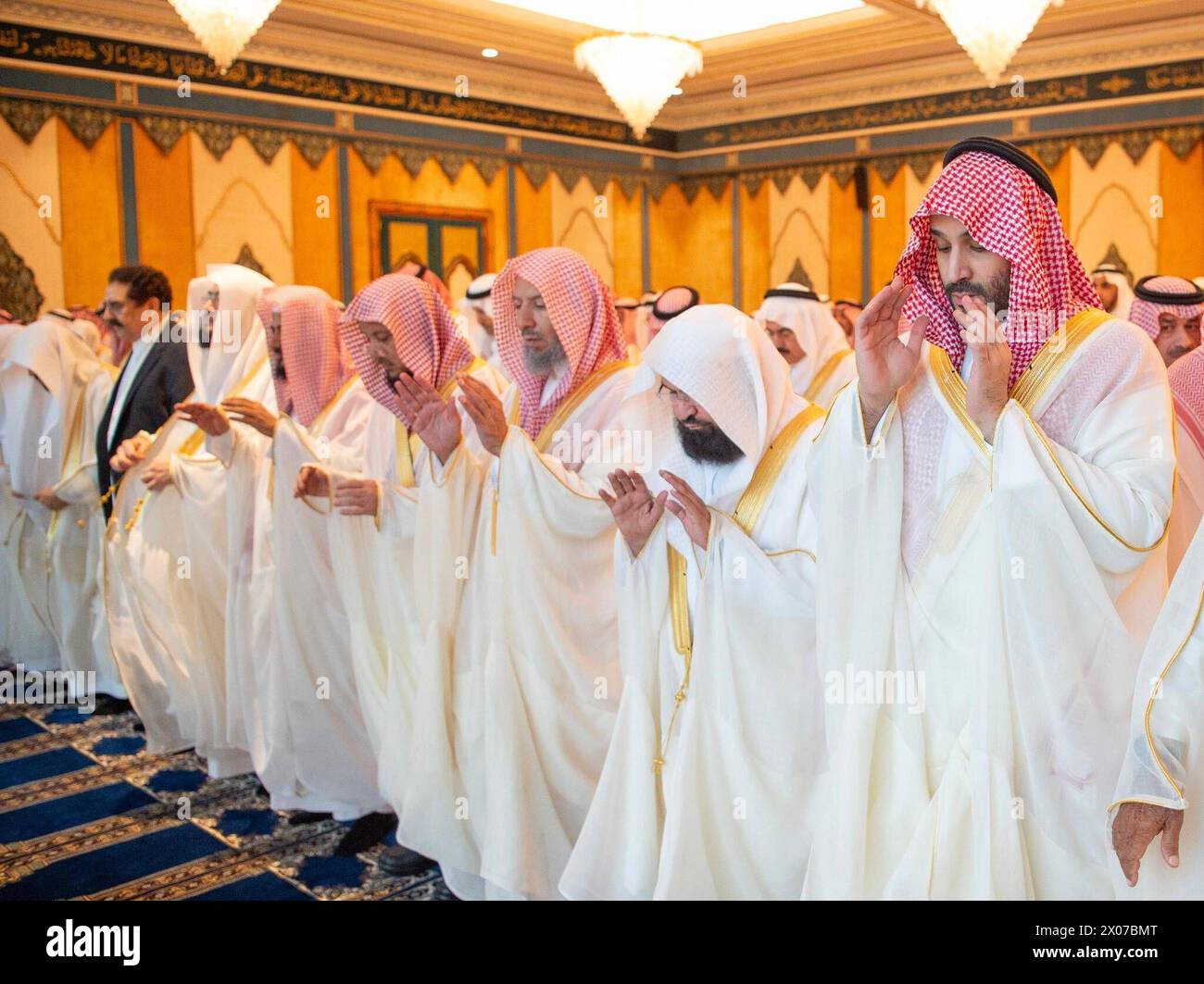 Saudi Crown Prince Mohammed bin Salman bin Abdulaziz Al Saud performs the blessed Eid al-Fitr prayer Saudi Crown Prince Mohammed bin Salman bin Abdulaziz Al Saud performs the blessed Eid al-Fitr prayer with the crowds of worshipers in the Grand Mosque, and receives princes, scholars, sheikhs and senior officials who offered congratulations on the occasion of the blessed Eid al-Fitr, Saudi Arabia, on April 10, 2024. Photo by Saudi Press Agency Saudi Arabia 100424 Saudi Arabia SPA 009 Copyright: xapaimagesxSaudixPressxAgencyxxapaimagesx Stock Photo