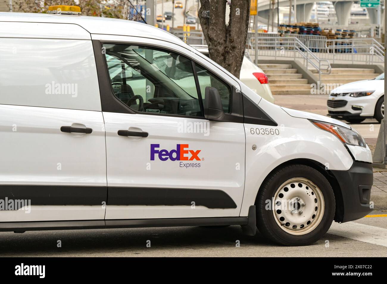 Miami, Florida, USA - 4 December 2023: FedEx delivery van parked near the city centre Stock Photo