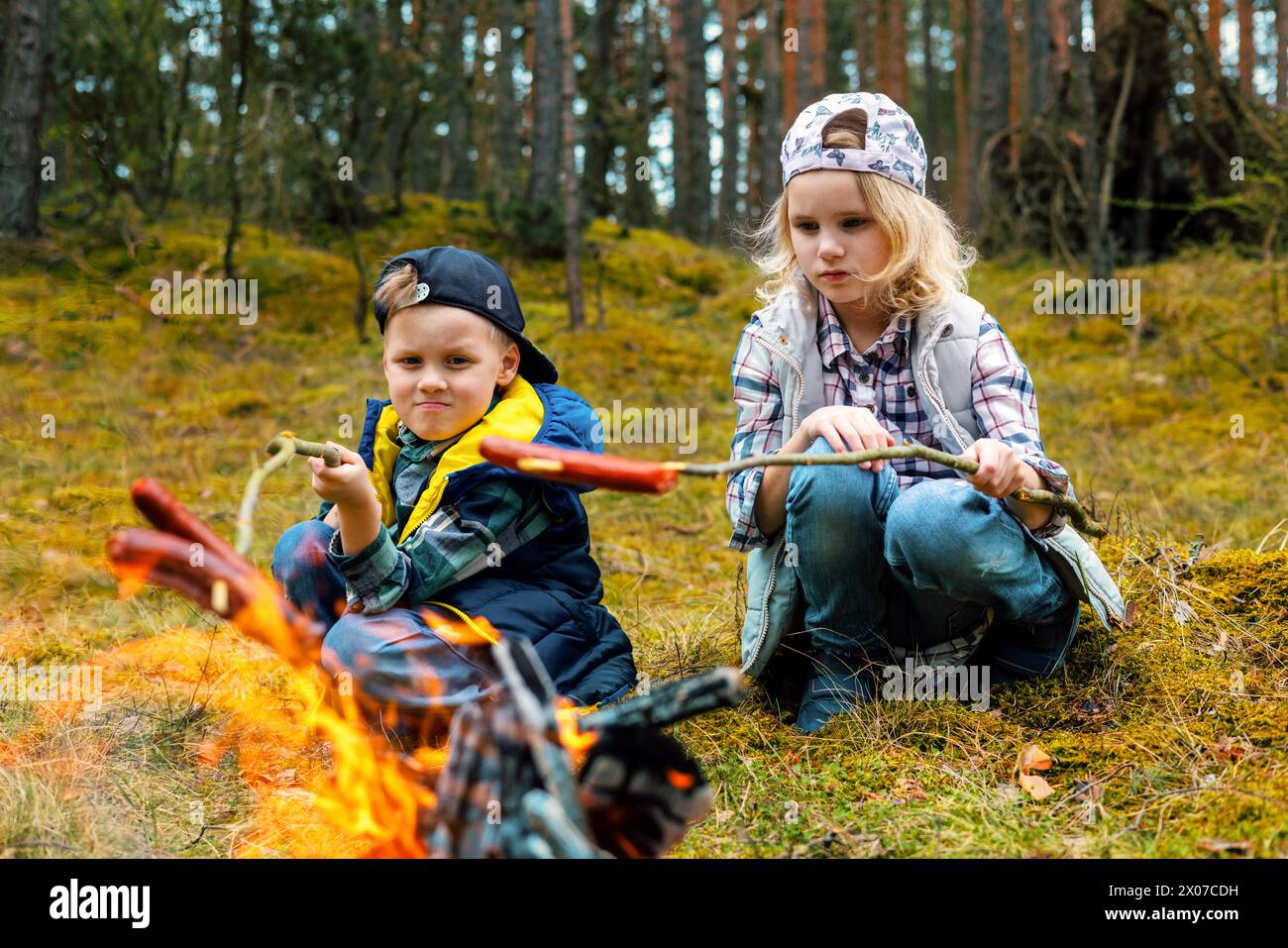 children frying sausages on skewers over a bonfire in forest. camping with kids. summer camp Stock Photo