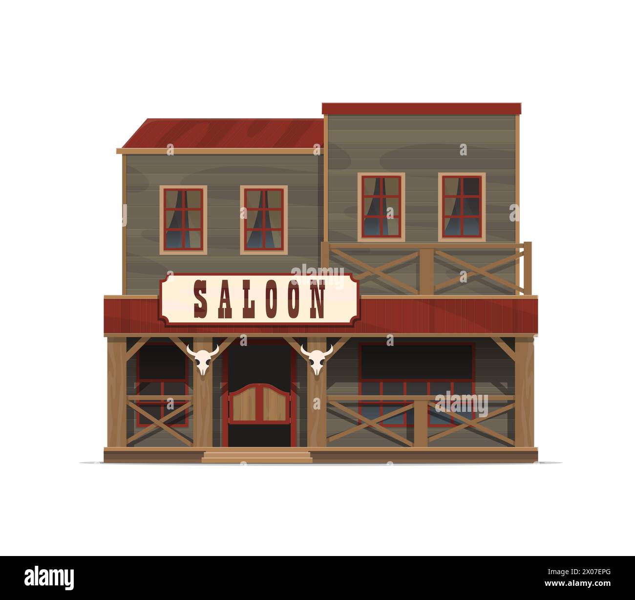 Western saloon building, wild west weathered wooden facade. Isolated vector bar, tavern for cowboys, adorned with swinging doors, stairs, cow skull at the entrance, signboard and creaky dusty windows Stock Vector