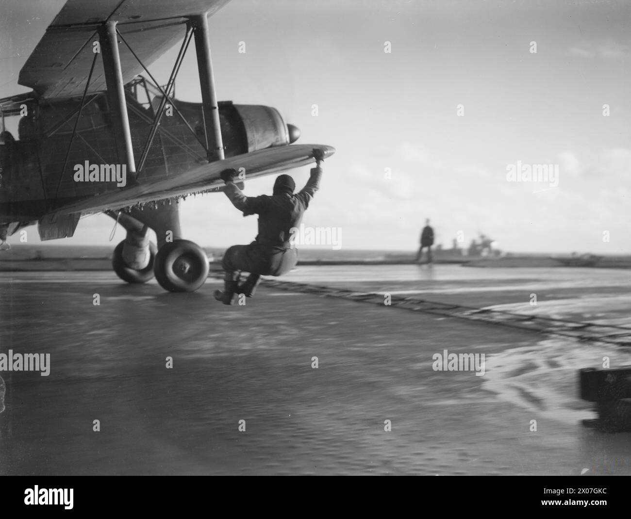 ON BOARD HMS VICTORIOUS EN ROUTE FROM HVALFJORD, ICELAND TO SCAPA FLOW. 25 TO 30 NOVEMBER 1941. - Flight deck duty squad member hanging on to the wing of a Fairey Albacore that has just landed from anti-submarine patrol. The precaution was needed because gale force winds were blowing at the time Stock Photo