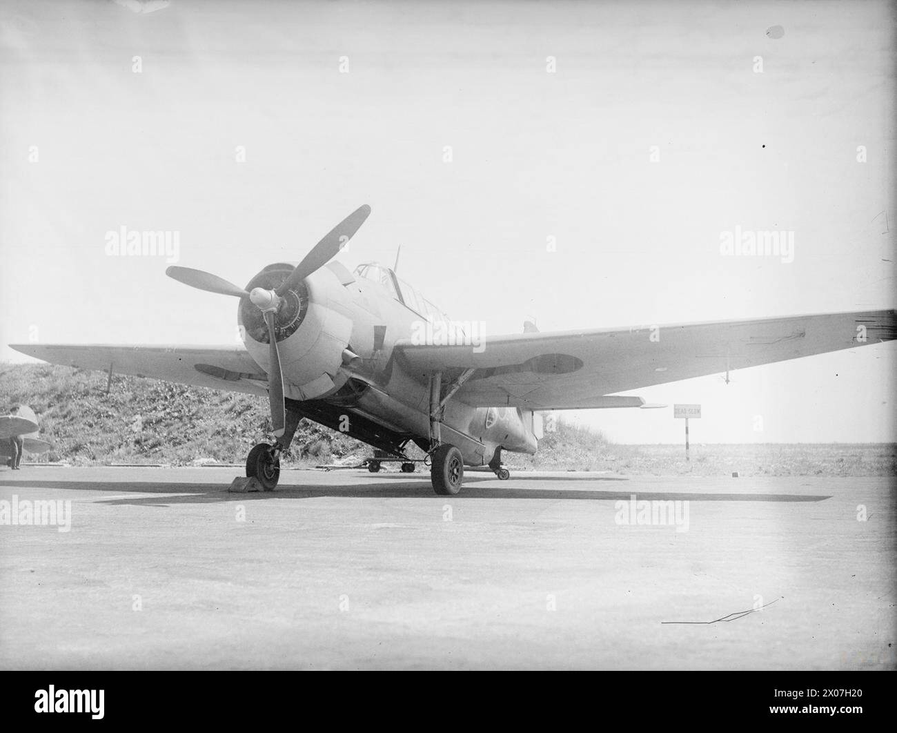 US AVENGER WITH FLEET AIR ARM UNDER THE NAME OF TARPON. 20 TO 23 JULY 1943, CRAIL FLEET AIR ARM STATION. GRUMMAN AVENGER UNDER LEASE LEND TO THE FLEET AIR ARM. WE HAVE RENAMED IT THE TARPON. THE TORPEDOES CARRIED ARE HIDDEN IN AN ENCLOSED COMPARTMENT OF THE BELLY OF THE AIRCRAFT. - 'Port bow view' of the Tarpon Stock Photo