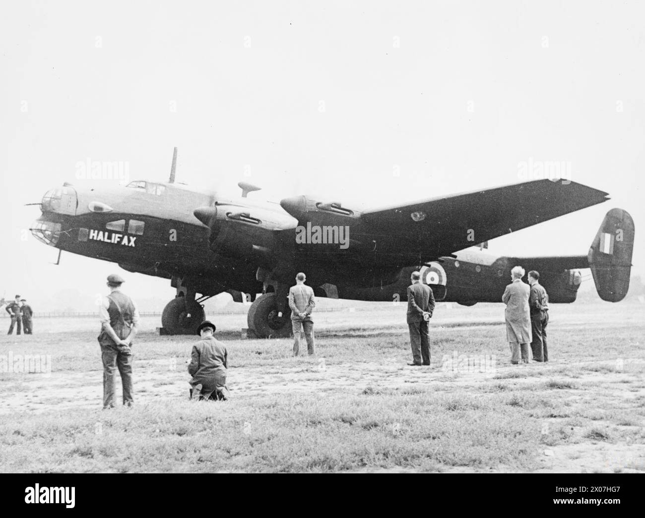 RAF BOMBER COMMAND - Handley Page Halifax Mk I L9608 at Radlett, Hertfordshire, following an official naming ceremony at the Handley Page factory by Lady Halifax, 12 September 1941. The aircraft subsequently served with No. 35 Squadron RAF and No. 1652 Heavy Conversion Unit before being written off in November 1942 Stock Photo