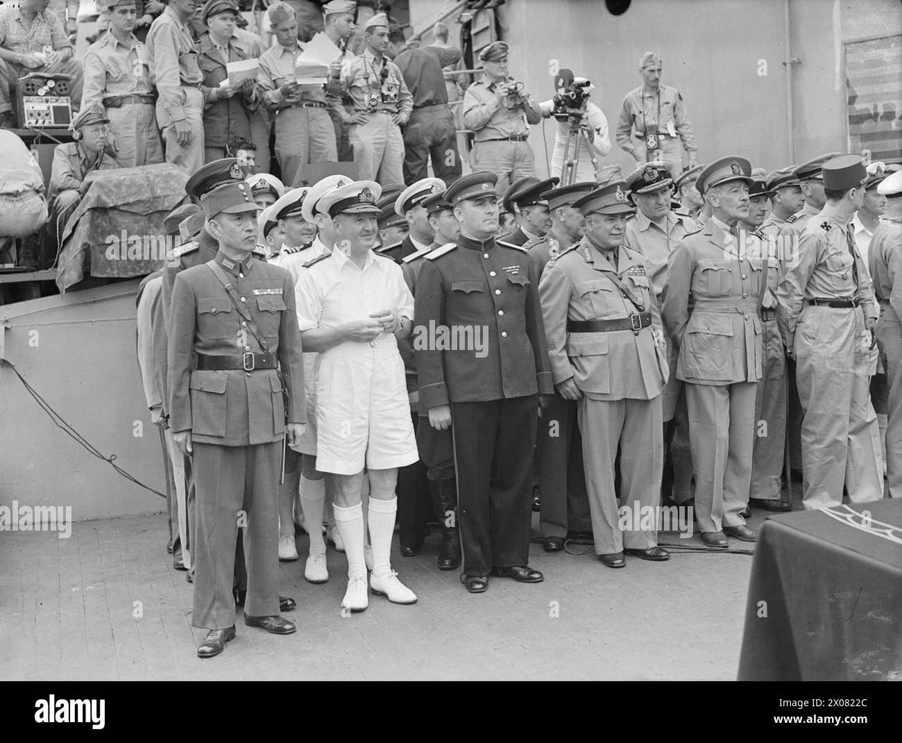 JAPANESE SURRENDER AT TOKYO BAY, 2 SEPTEMBER 1945 - Representatives of the Allied powers wait to sign the Instrument of Surrender on board USS MISSOURI. From left to right: General Hsu-Yung-Chang (China), Admiral Sir Bruce Fraser (Great Britain), Lieutenant General Kusa Nickolsevitch Derevyenko (USSR), General Sir Thomas Blaney (Australia), Colonel L Moore Cosgrave (Canada) and General Le Clerc (Provisional Government of France)  Fraser, Bruce Austin, United States Navy, USS Missouri, Battleship, (1944) Stock Photo