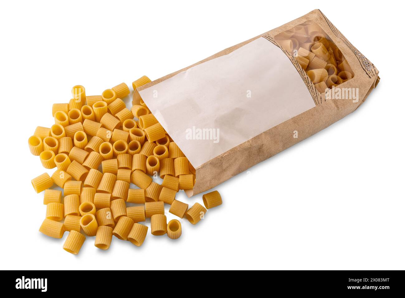 Macheroni mezze maniche pasta bronze-drawn Italian wheat pasta coming out of paper bag isolated on white with clipping path included Stock Photo