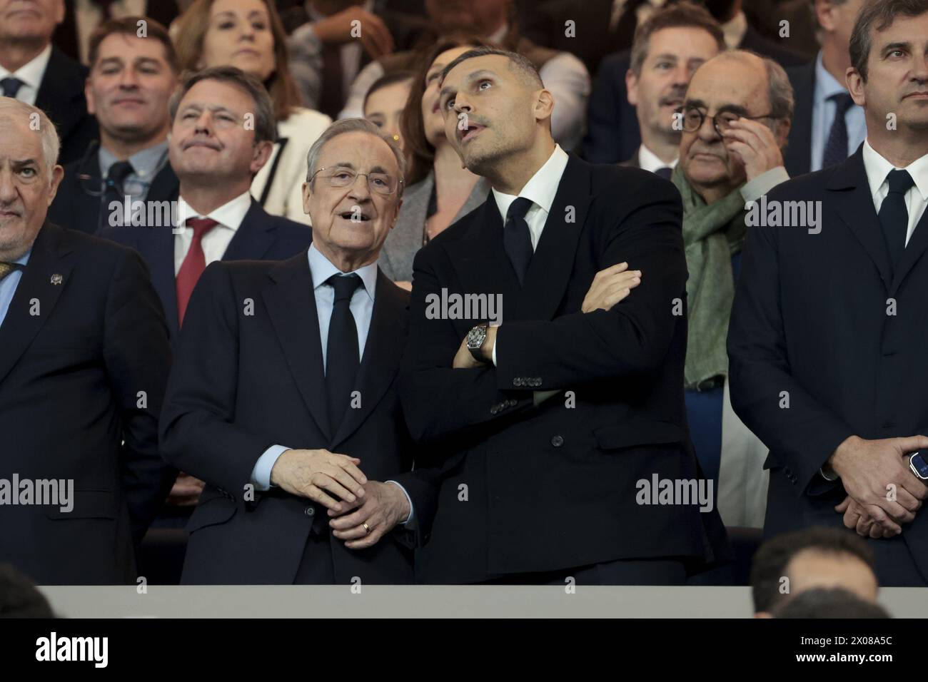 President of Real Madrid Florentino Perez and Chairman of Manchester City Khaldoon Al Mubarak attend the UEFA Champions League, Quarter-finals, 1st leg football match between Real Madrid and Manchester City on April 9, 2024 at Estadio Santiago Bernabeu stadium in Madrid, Spain Stock Photo