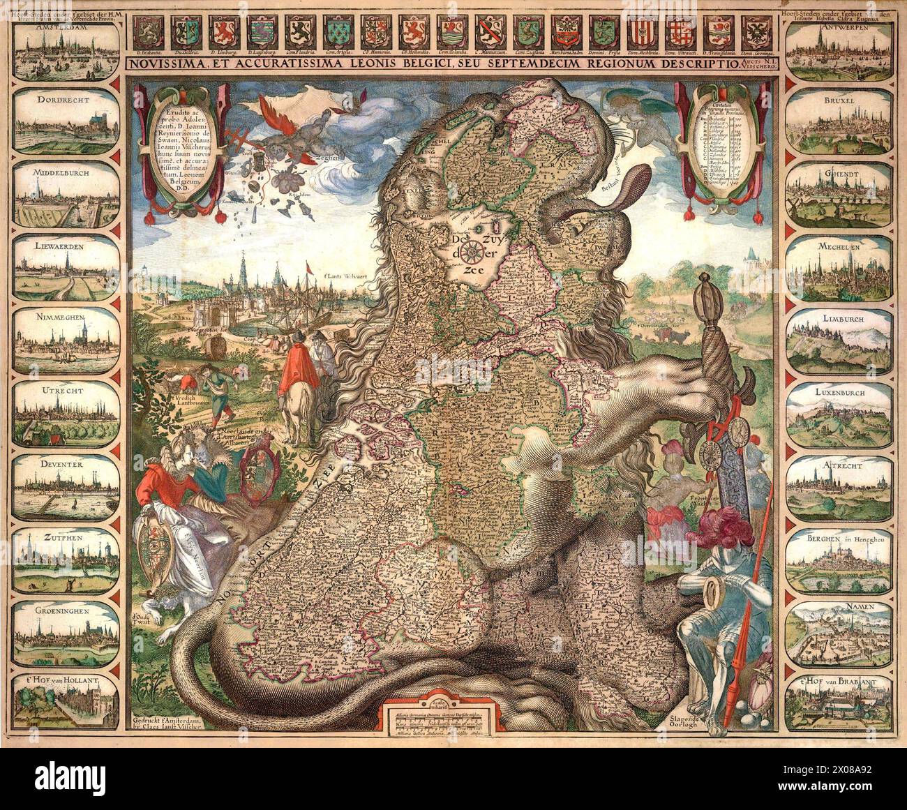 Leo Belgicus by Claes Janszoon Visscher II  - The Leo Belgicus (Latin for Belgic Lion) was used in  map design to symbolize the former Low Countries ( Netherlands, Luxembourg, Belgium and a small part of northern France) with the shape of a lion. 1611 Stock Photo