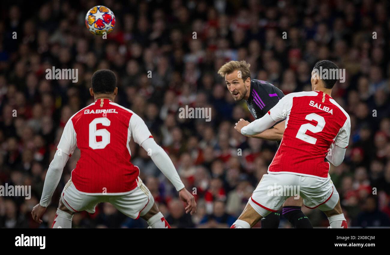 London, England. 09th Apr 2024.  Harry Kane (Muenchen) Gabriel Magalhaes (Arsenal) William Saliba (Arsenal) Arsenal London - Bayern Munich Arsenal Lon Stock Photo