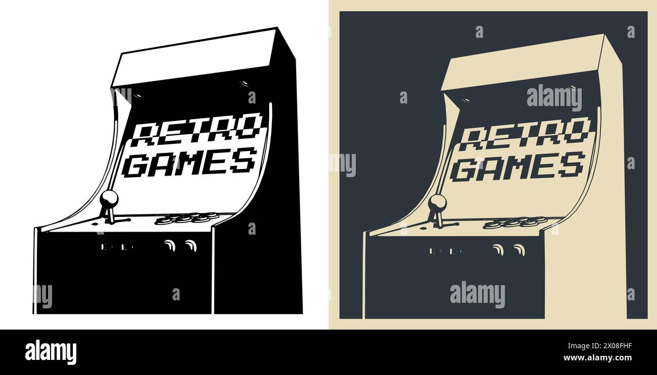 Stylized vector illustrations of a retro arcade games cabinet Stock Vector