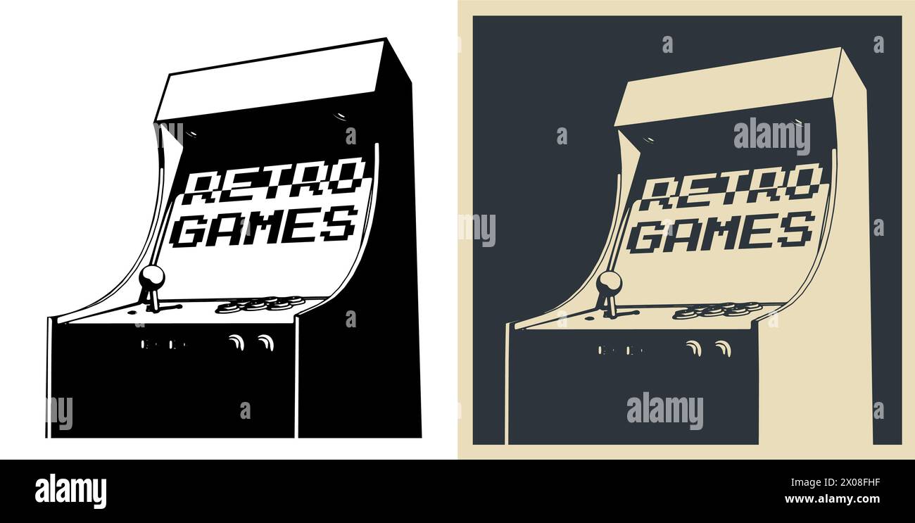 Stylized vector illustrations of a retro arcade games cabinet Stock ...