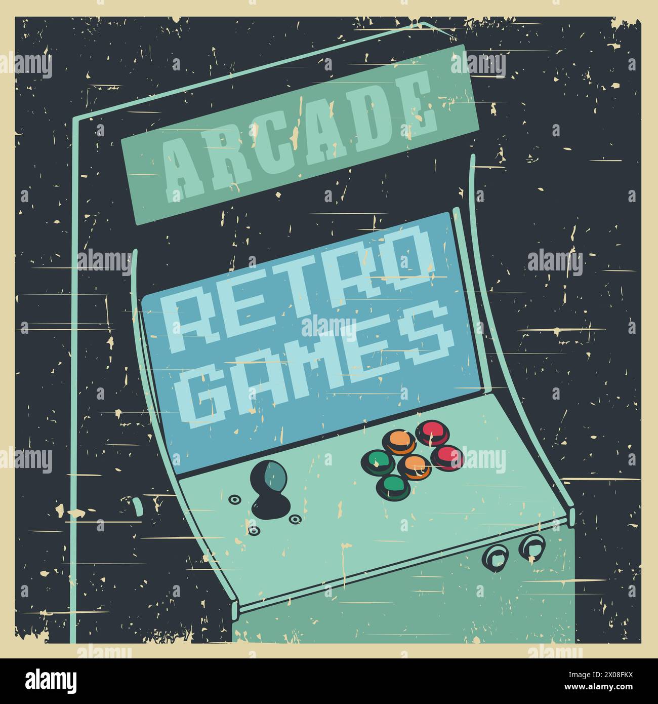Stylized vector illustration of a retro arcade games cabinet in old poster style Stock Vector