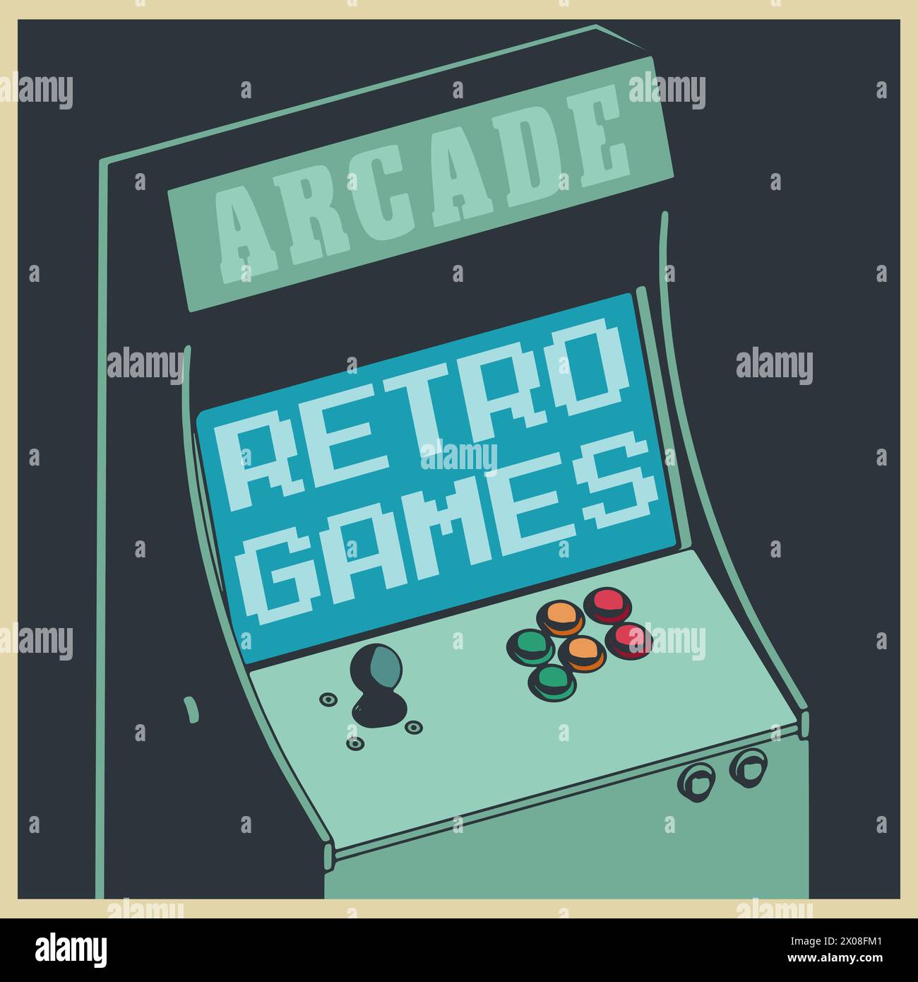 Stylized vector illustrations of a retro arcade games cabinet in cartoon style Stock Vector