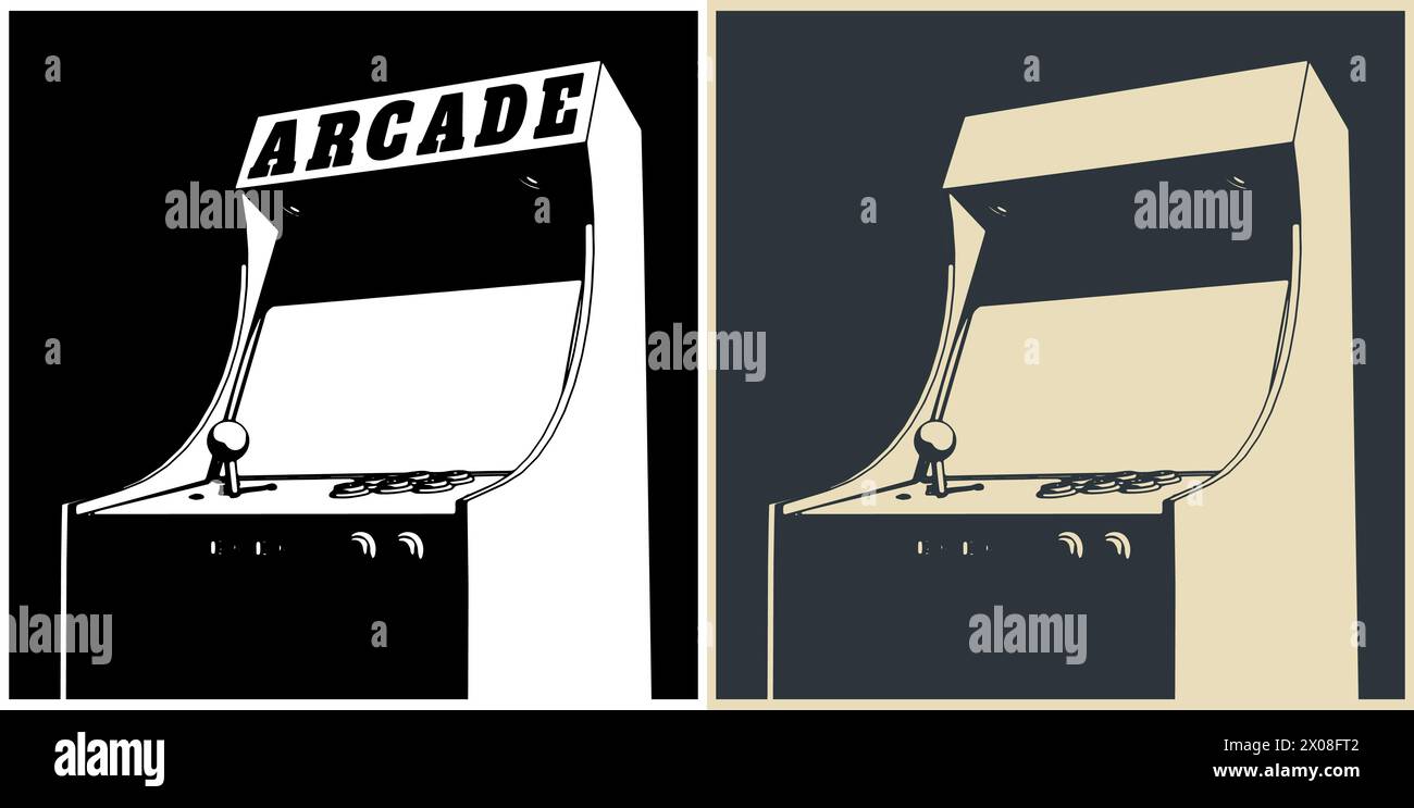 Stylized vector illustrations of a retro arcade games machine Stock Vector