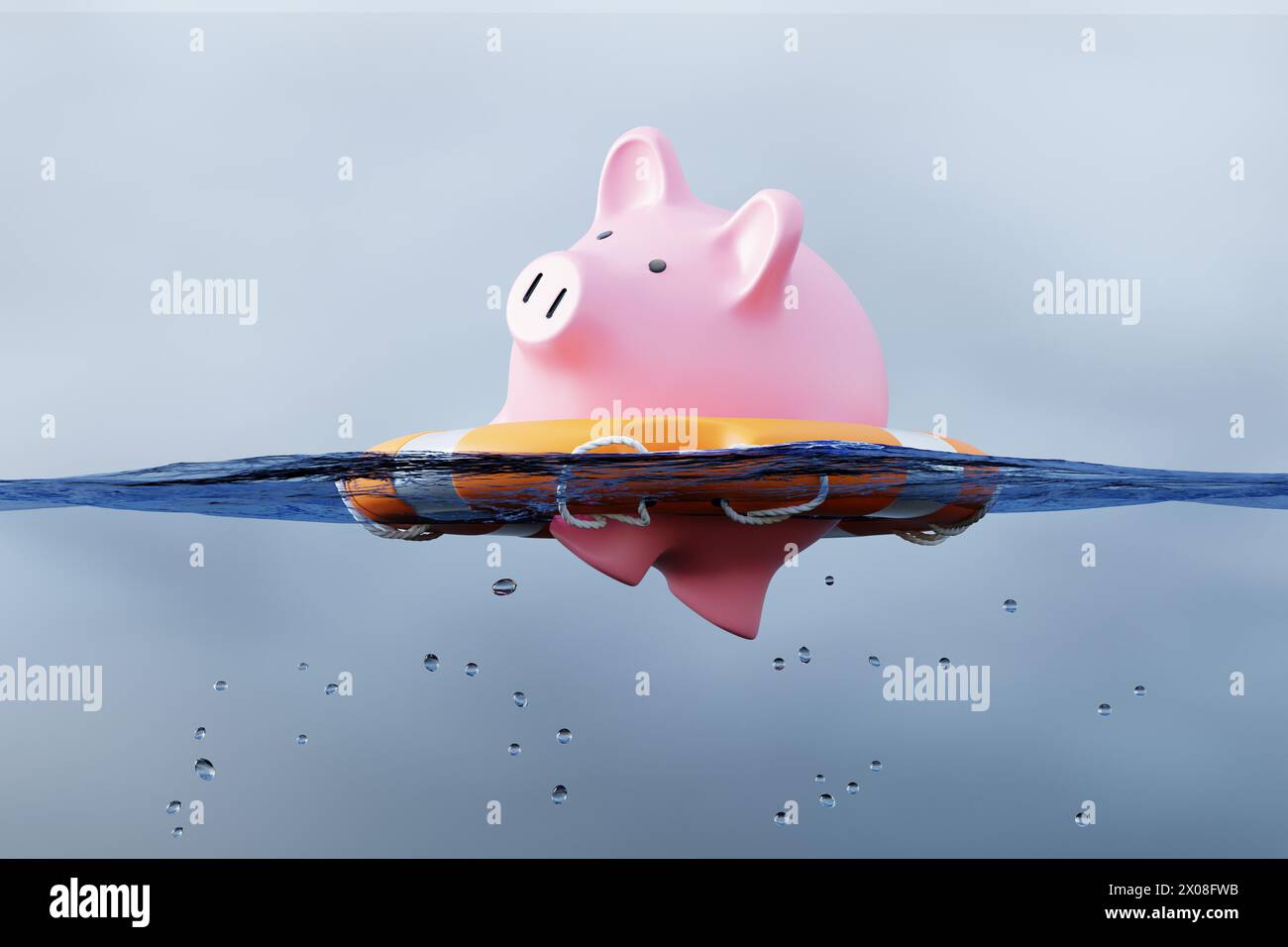 Pink piggy bank in a lifebelt floating on a clear water in blue sky. Illustration of the concept of financial crisis, recession and banking panics Stock Photo
