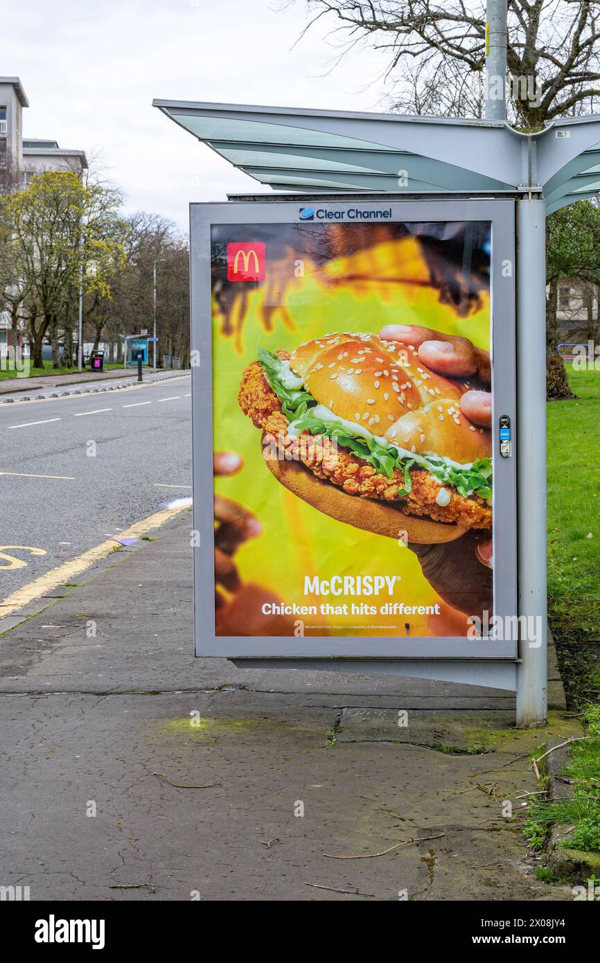 McDonalds advertising on a bus shelter, Glasgow, Scotland, UK, Europe Stock Photo