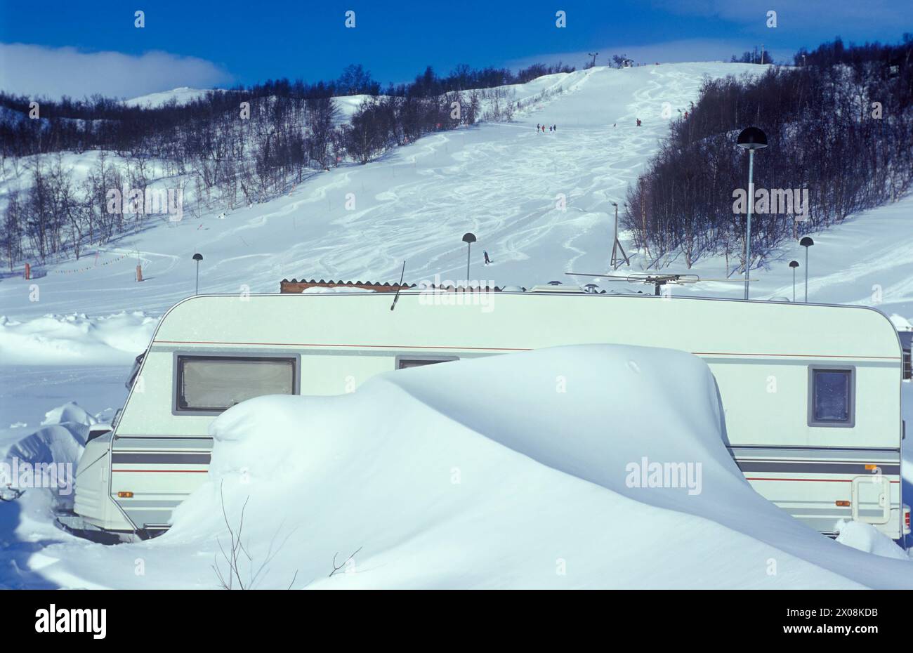 Caravan camping at ski resort Stock Photo