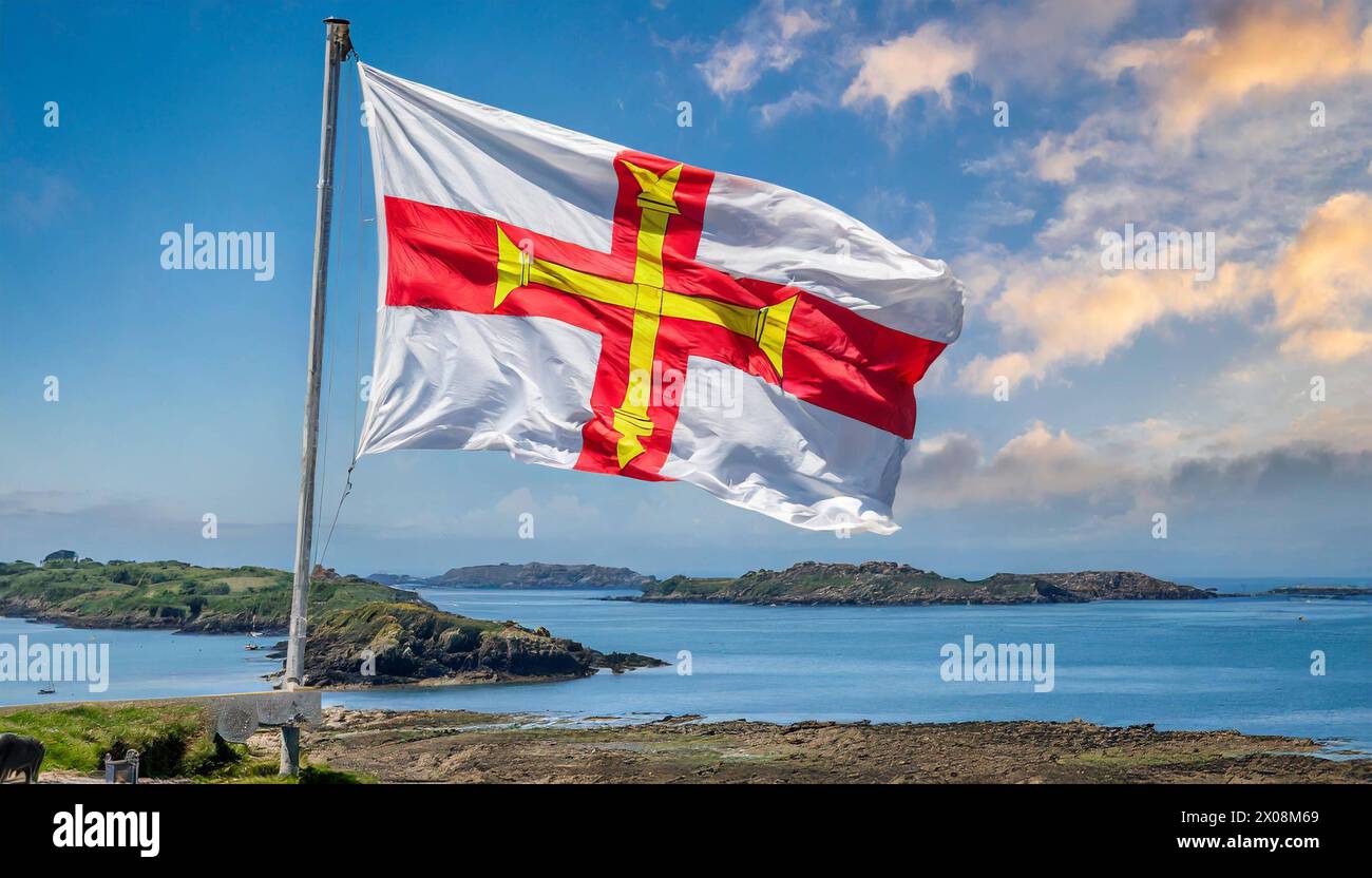 Die Fahne von Isle of Guernsey, Großbritannien, flattert im Wind Stock Photo