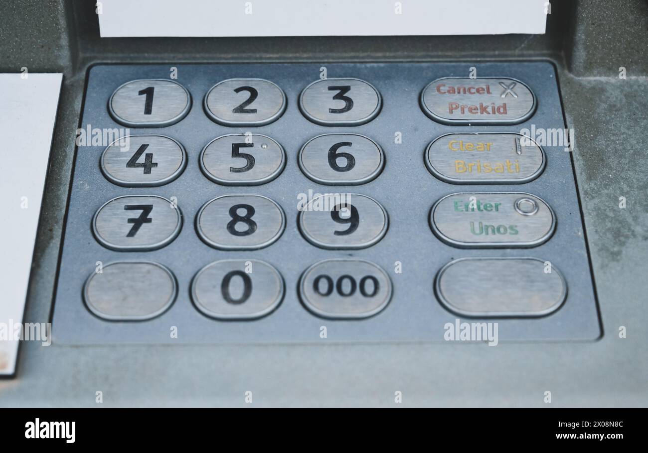 Keypads on cash machine, close up. ATM on the street. Automated teller machine. Stock Photo