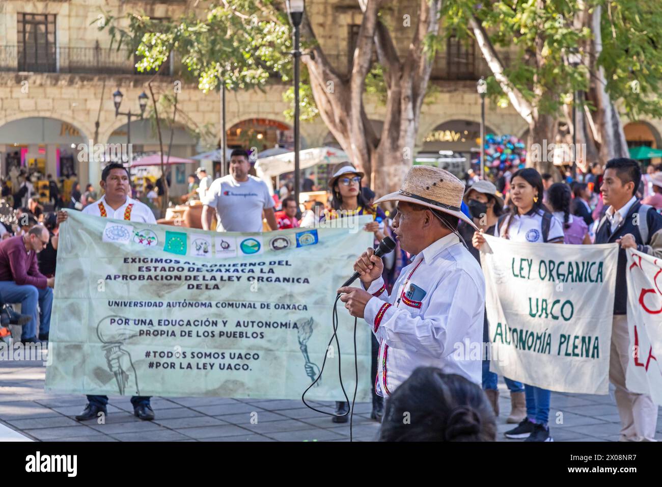 Oaxaca, Mexico - Teachers and students rally to defend the autonomy of the Universidad Autonoma Communal de Oaxaca. UACO is Mexico's first officially Stock Photo