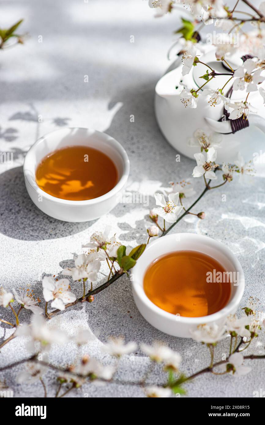 Two cups of warm tea accompanied by the delicate white flowers of cherry blossoms, casting soft shadows on a textured surface Stock Photo
