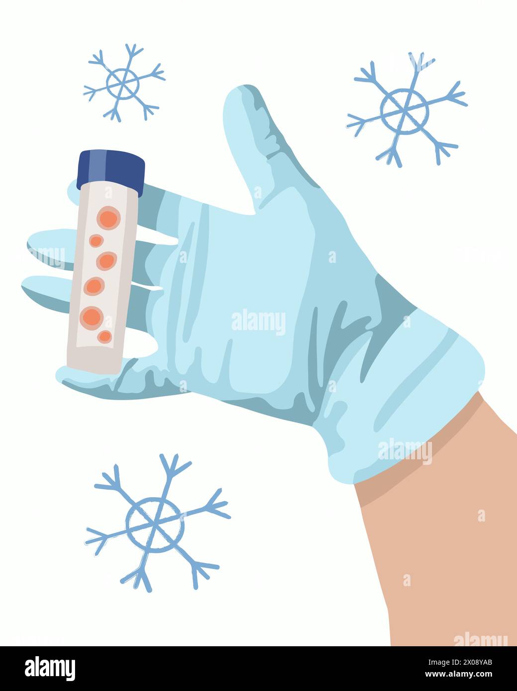 Egg freezing vector isolated illustration. Egg donation. Artificial insemination. A hand holds a test tube with egg cells. Stock Vector