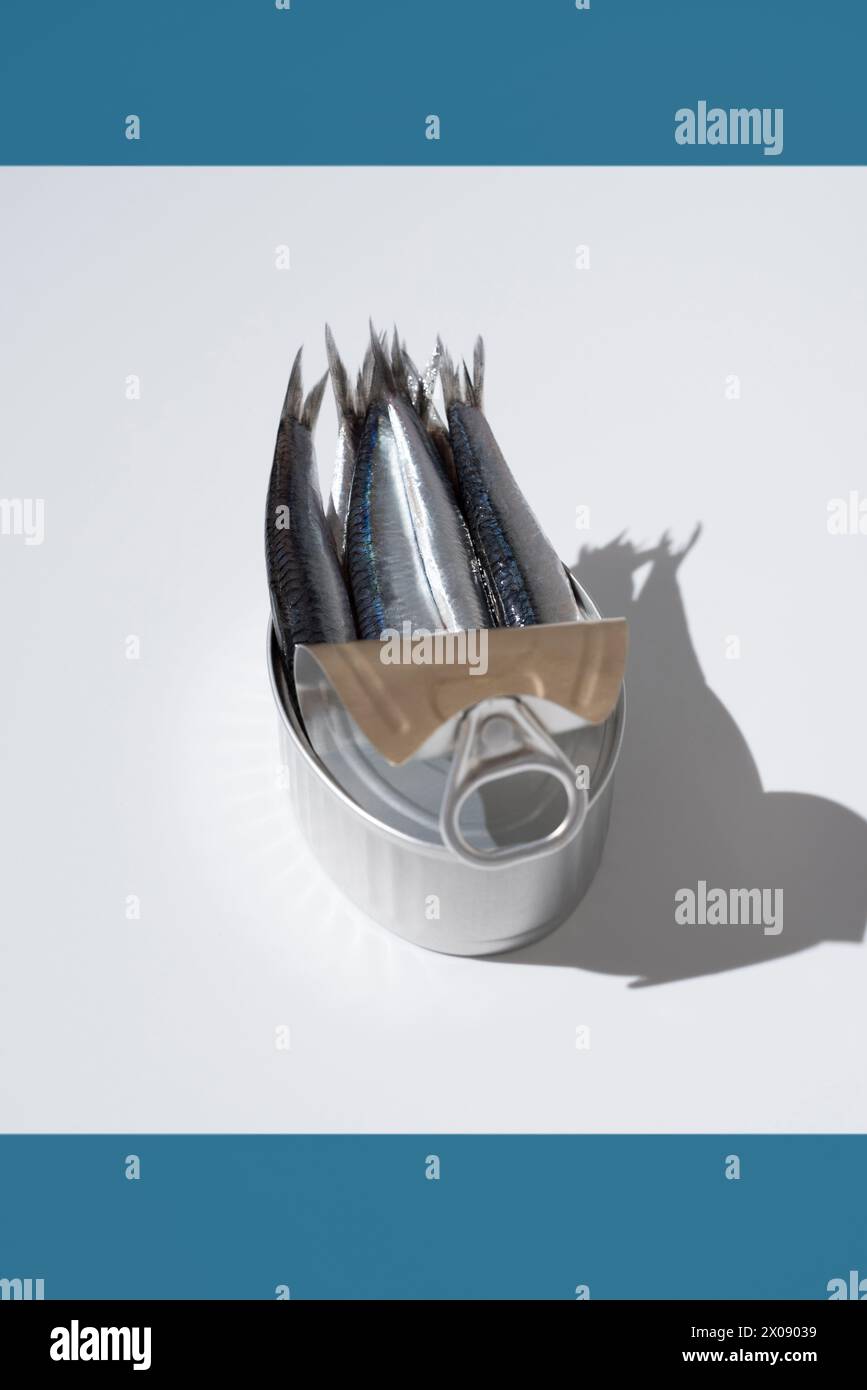 Top view of cluster of fresh anchovies artistically presented with their tails fanning out of a half-open tin can against a blue horizon Stock Photo
