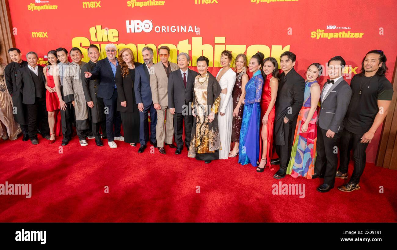 April 9, 2024, Los Angeles, California, U.S.: (L-R) Toan Le, Vy Le, Duy Nguyen, Phanxine, Viet Thanh Nguyen, Niv Fichman, Amanda Burrell, Don McKellar, Robert Downey Jr., Park Chan-wook, Kieu Chinh, Sandra Oh, Susan Downey, Nguyen Cao Ky Duyen, Kayli Tran, Tom Dang and Vyvy Nguyen attend the Los Angeles Premiere Of HBO Original Limited Series ''The Sympathizer' (Credit Image: © Billy Bennight/ZUMA Press Wire) EDITORIAL USAGE ONLY! Not for Commercial USAGE! Stock Photo