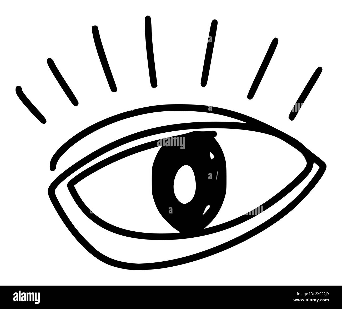 Hand drawn eye icon in simple doodle style. Open black eye with lines. Monochrome design Stock Vector
