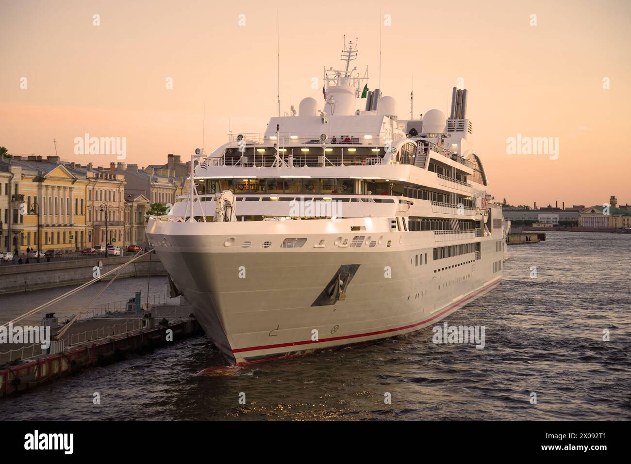 ST. PETERSBURG, RUSSIA - MAY 27, 2018: The luxury sea passenger cruise liner 'Le Soleal' at the English embankment  in the May evening Stock Photo