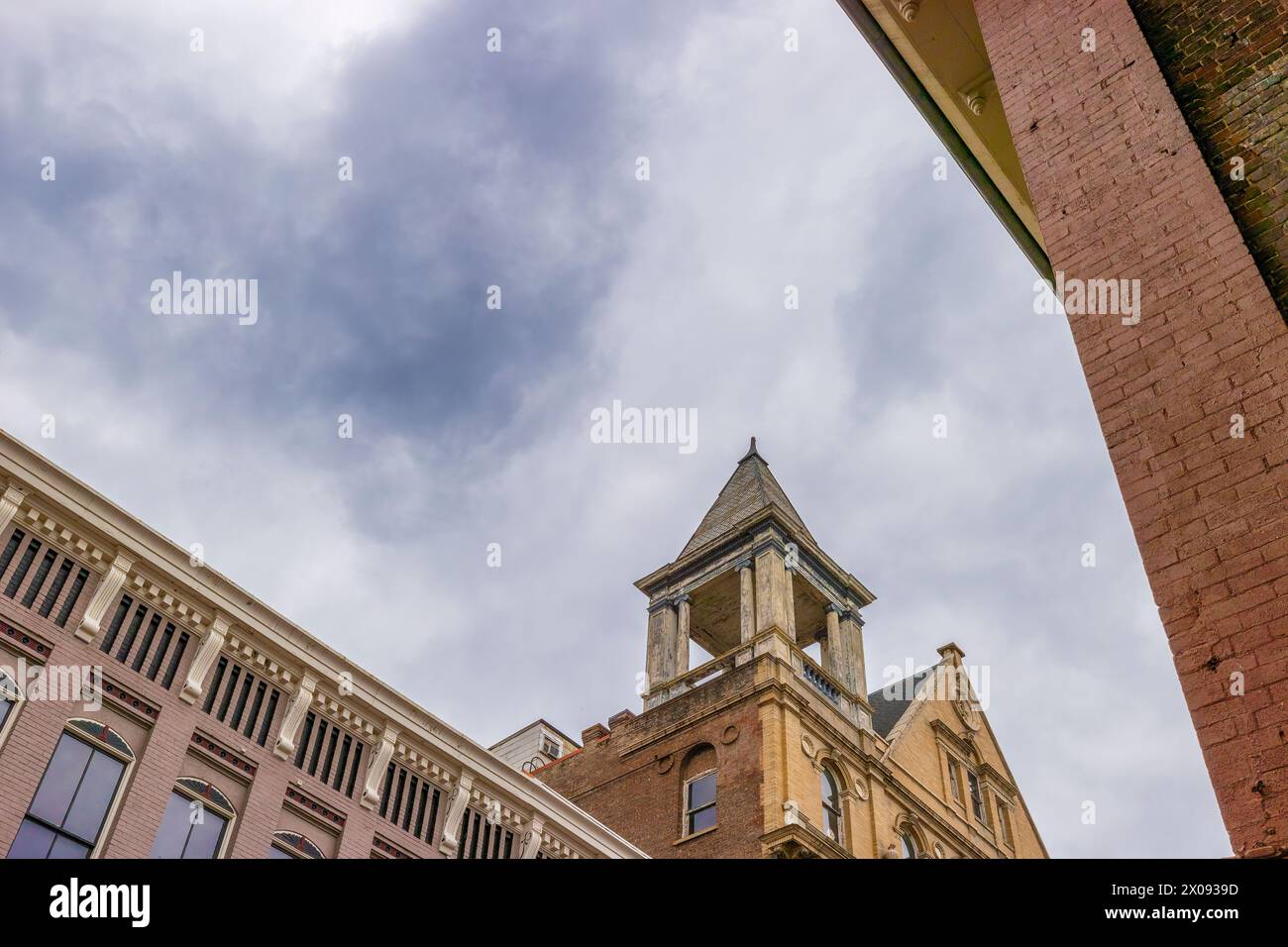 View of an empty tower of church in historical downtown Staunton, Virginia, USA incorporated in 1801 Stock Photo