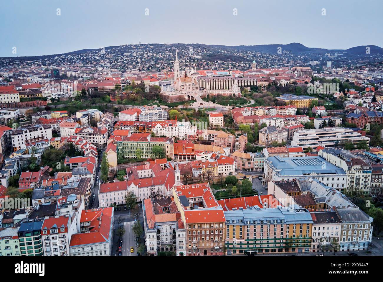 Panoramic view on skyline of Budapest along Danube River. Aerial view of capital of Hungary with historical buildings and famous landmarks Stock Photo
