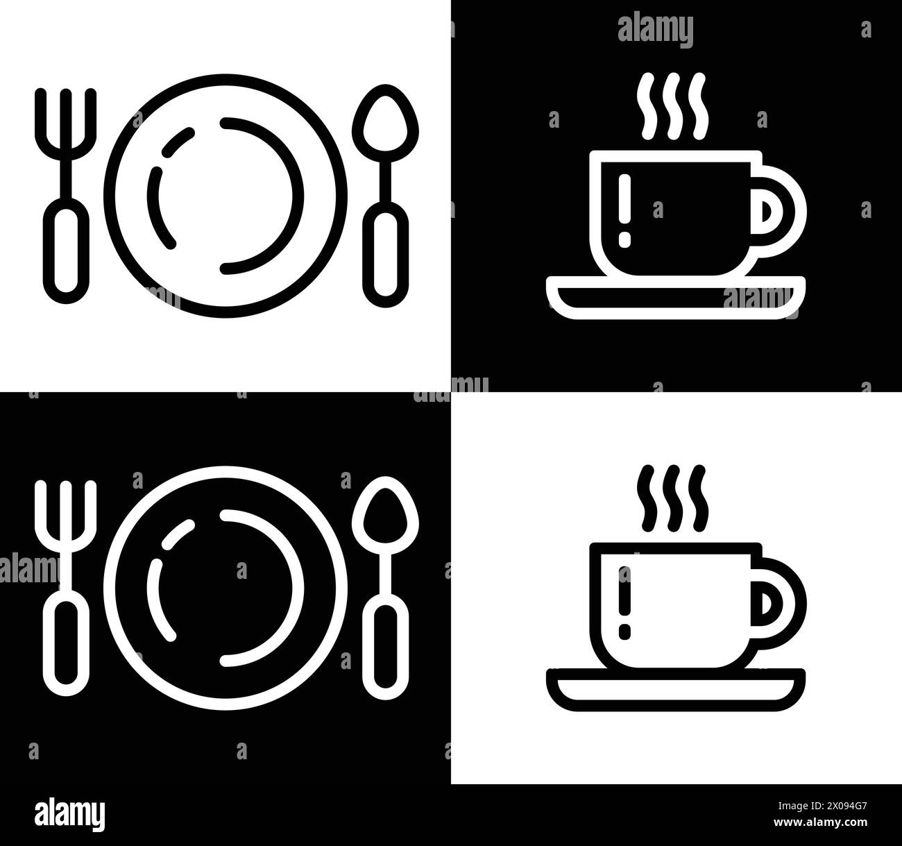 Dishes set - fork, spoon, plate and coffee cup. Vector logo template for cafe or resto on transparent and dark background Stock Vector