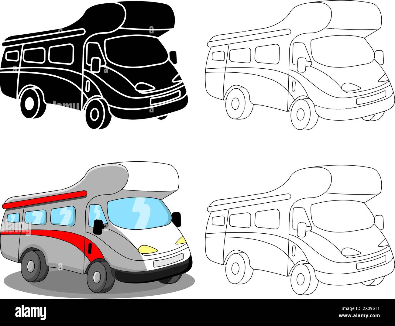 Motor home or campervan, silhouette knockout, black and white, cartoon and transparent versions Stock Vector