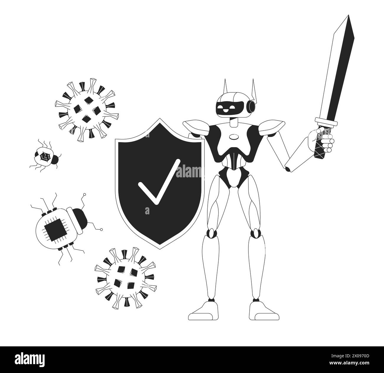 AI cyber defense black and white 2D illustration concept Stock Vector