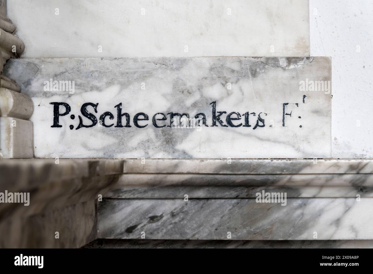 Signature oF Peter Scheemakers on marble effigy of Susanna Hare in the Hare Chapel of the Church of the Holy Trinity, Stow Bardolph in Norfolk. Stock Photo