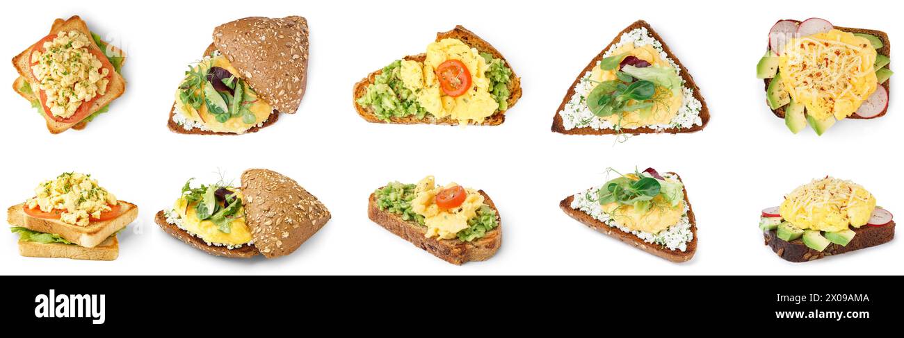 Set of tasty scrambled eggs sandwiches on white background Stock Photo ...