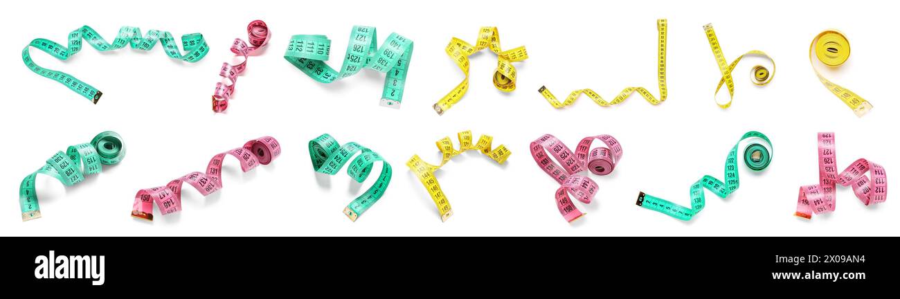 Collage of color measuring tapes on white background Stock Photo