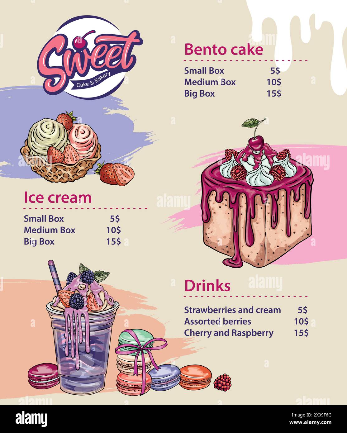 Hand drawn vector template of menu with desserts, sweets and bakery ...