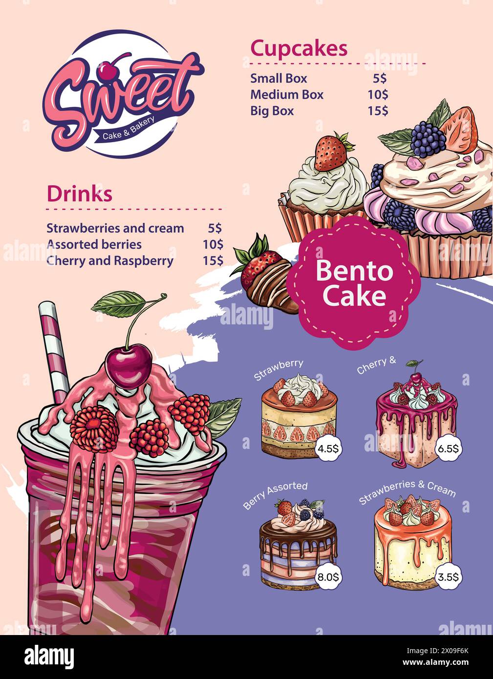 Hand drawn vector template of menu with desserts, sweets and bakery ...
